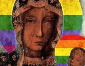 Αφίσες της Παναγίας με φωτοστέφανο στα χρώματα του ουράνιου τόξου των gay