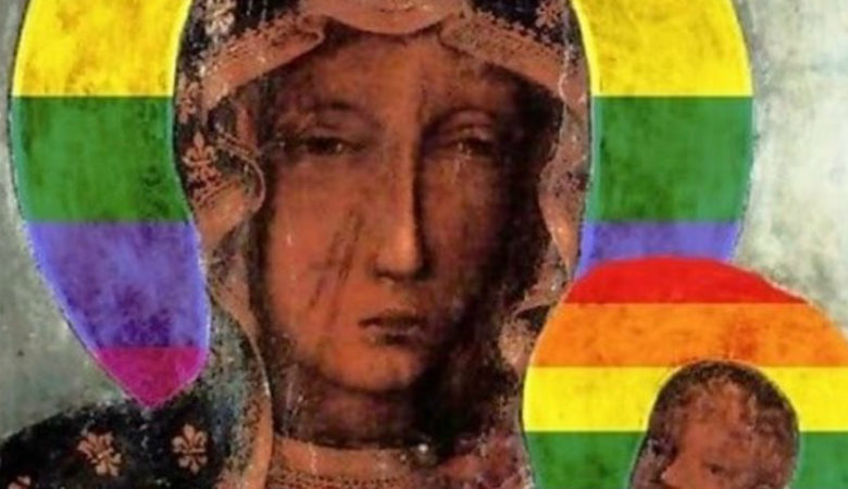 Αφίσες της Παναγίας με φωτοστέφανο στα χρώματα του ουράνιου τόξου των gay