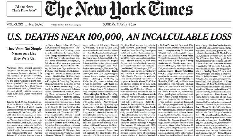 Ανατριχιαστικό πρωτοσέλιδο των New York Times: Δεν ήταν απλώς ονόματα, ήταν εμείς