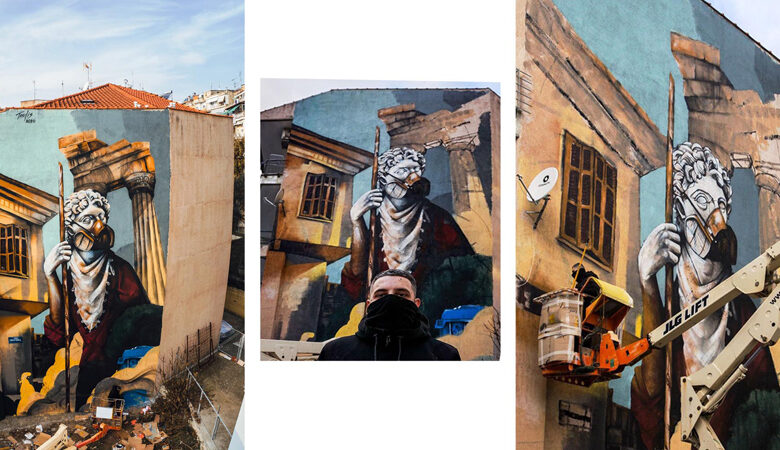 Δράμα: Το εντυπωσιακό γκράφιτι 15 μέτρων για τον κορονοϊό – Ποιο το νόημα του