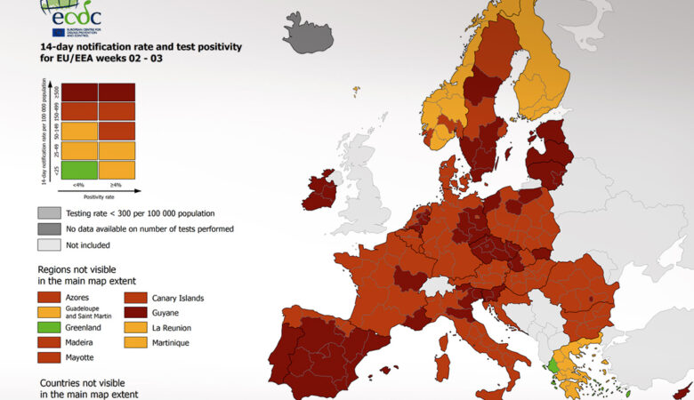 Ο χάρτης της πανδημίας στην Ευρώπη: Στο «πορτοκαλί» η Ελλάδα – Η μόνη χώρα με «πράσινες» περιοχές