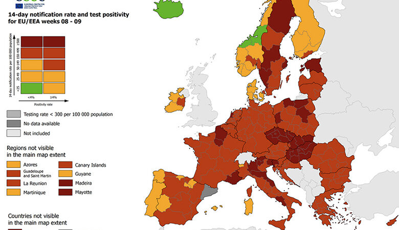 Κορονοϊός: «Κοκκίνισε» όλη η Ελλάδα στον χάρτη ECDC για την πανδημία