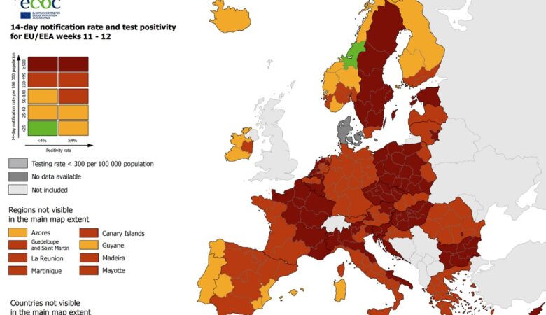 Κορονοϊός: Στο «κόκκινο» παραμένει η Ελλάδα στον χάρτη του ECDC