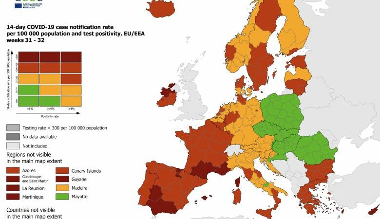 ECDC: Παντού «κόκκινη» η Ελλάδα και οι περισσότερες περιοχές της νότιας Ευρώπης