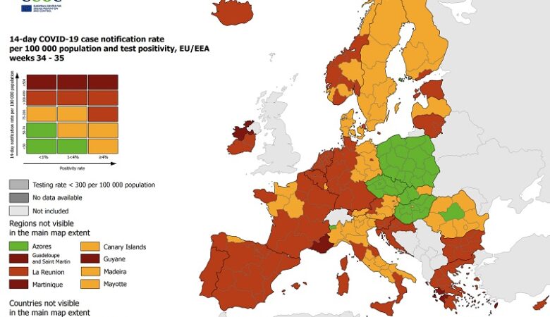 ECDC: Στο «κόκκινο» παραμένει η Ελλάδα – Ποιες περιοχές βρίσκονται στο «βαθύ κόκκινο»