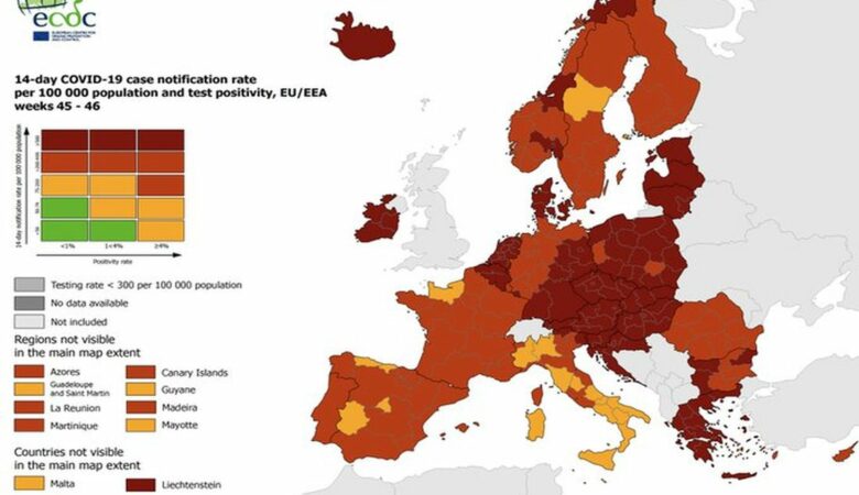 Κορονοϊός: Σε «βαθύ κόκκινο» σχεδόν όλη η Ελλάδα στον χάρτη του ECDC – Συναγερμός στην Ευρώπη