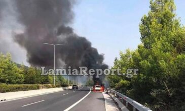 Φλεγόμενο αυτοκίνητο στην εθνική οδό –  Δείτε φωτογραφίες και βίντεο