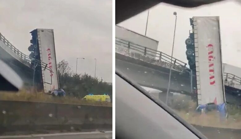 Φορτηγό έπεσε από γέφυρα στη Θεσσαλονίκη – Δείτε βίντεο