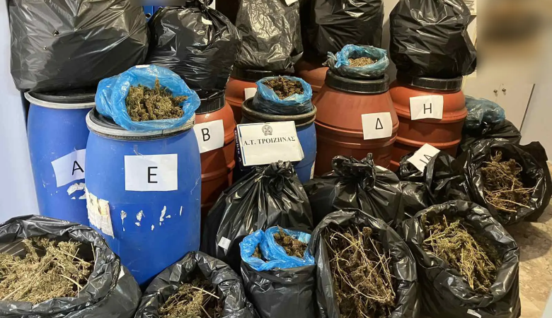 Περισσοτέρα από 48 κιλά κάνναβης εντοπίστηκαν σε βαρέλια και σακούλες σε οικόπεδο στην Τροιζήνα