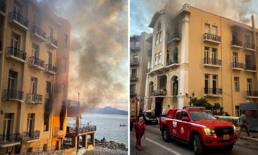 Εικόνες από τη φωτιά σε εγκαταλελειμμένο ξενοδοχείο στο Λουτράκι – Δεν κινδύνευσαν παρακείμενες οικίες ή κτίρια
